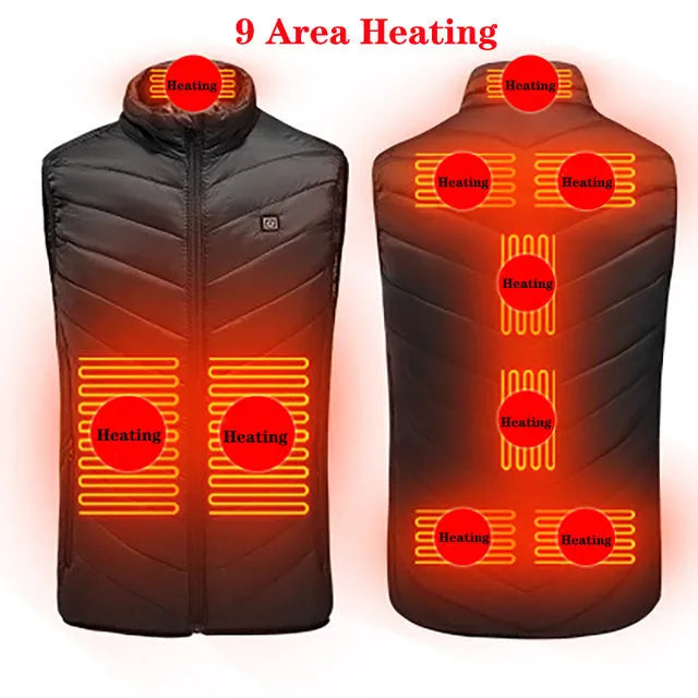 USB rechargeable heated vest with smart heating zones, polyester fibre fabric, stand-up collar, black colour