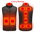 USB rechargeable heated vest with smart heating zones, polyester fibre fabric, stand-up collar, black colour