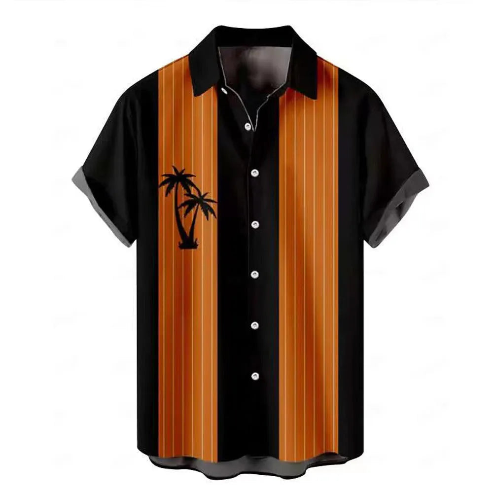 Hawaiian men's short-sleeved shirt with 3D printed colour pattern on polyester fabric