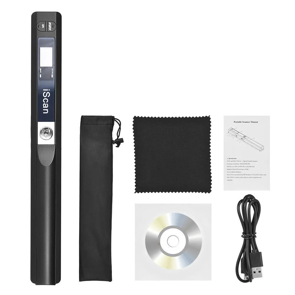 Handheld barcode scanner shown in available colours: black, blue, green, red, and silver.
