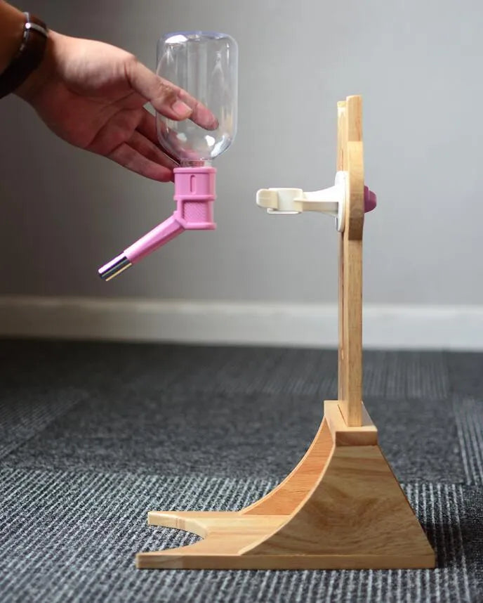 Cat drinking water dispenser with bamboo wood holder and 300ml water container in grey, green, and pink