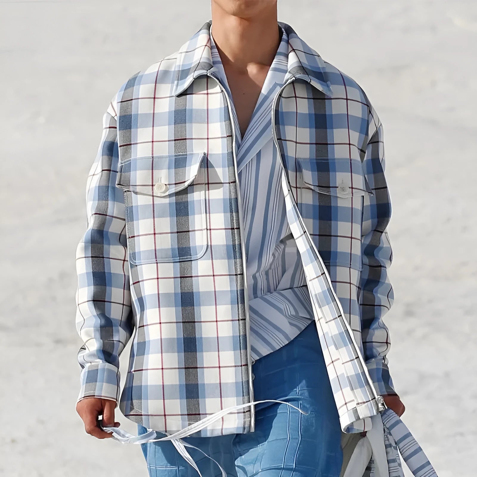 Men's slim fit long sleeve plaid shirt in Blue Plaid with lapel collar, woven polyester fabric