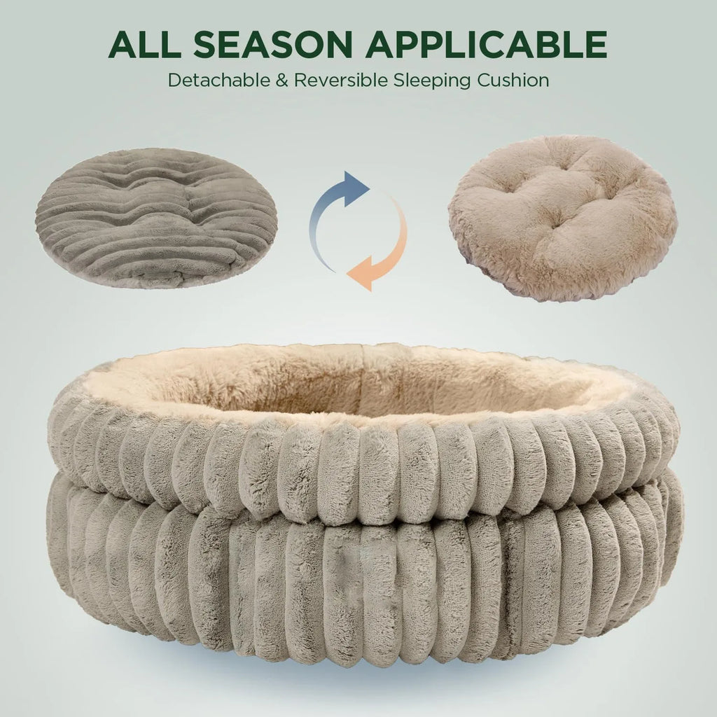 Washable round cat bed in beige with super soft plush faux fur and anti-slip bottom