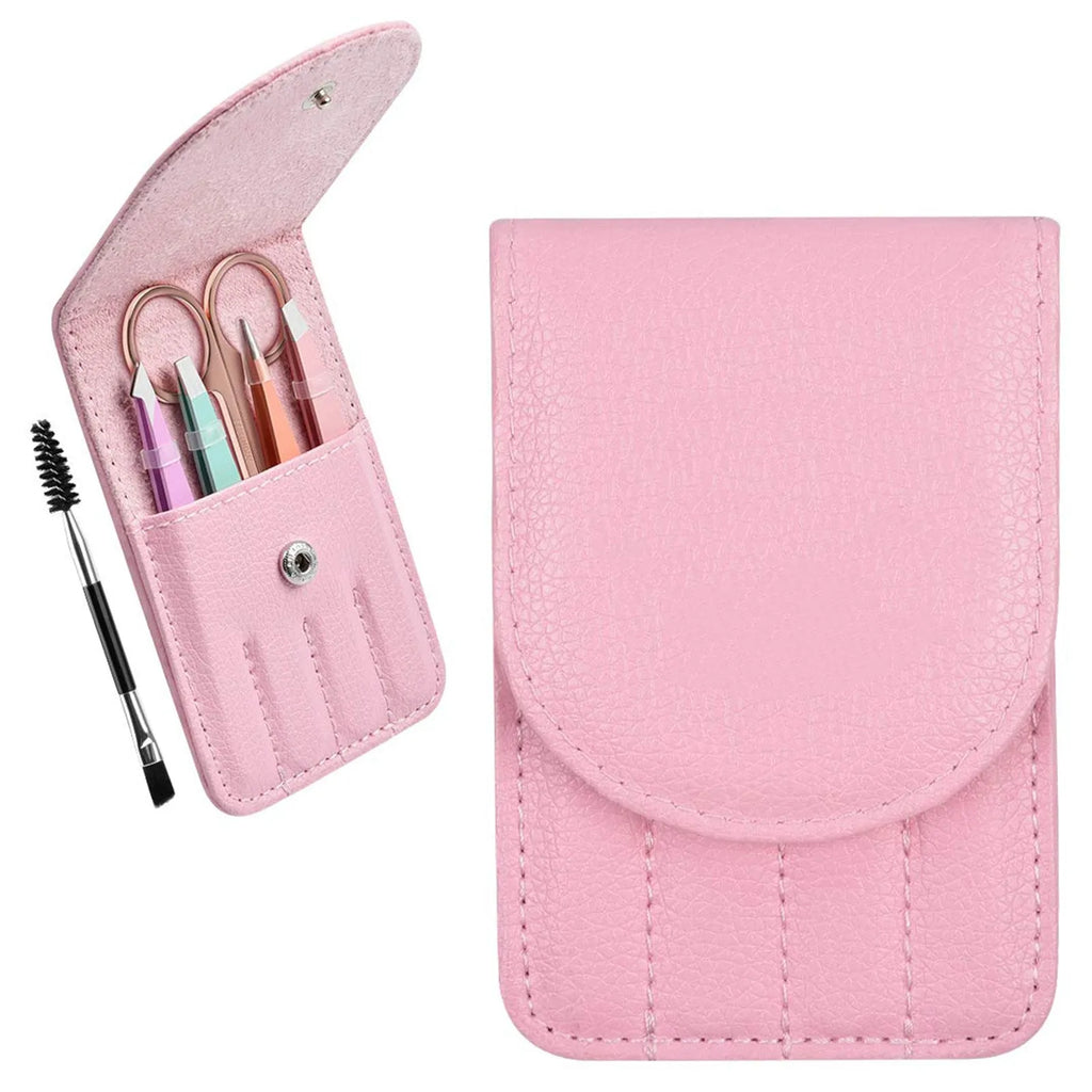 Professional stainless steel eyebrow tweezers six-piece set with curved scissors and leather case