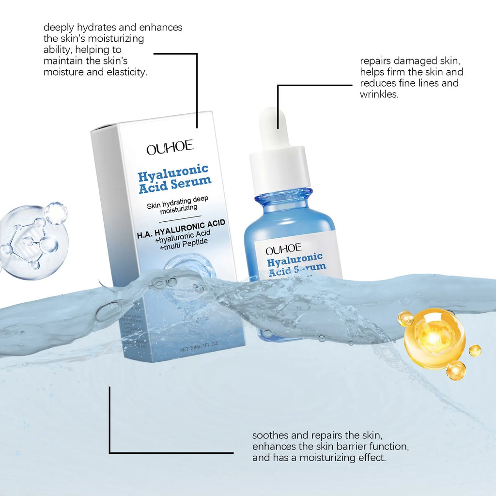 30ml facial moisturising essence in a clear bottle, 3.8 x 3.8 x 8.6 cm, with ingredients list showing glycerol and hyaluronic acid.