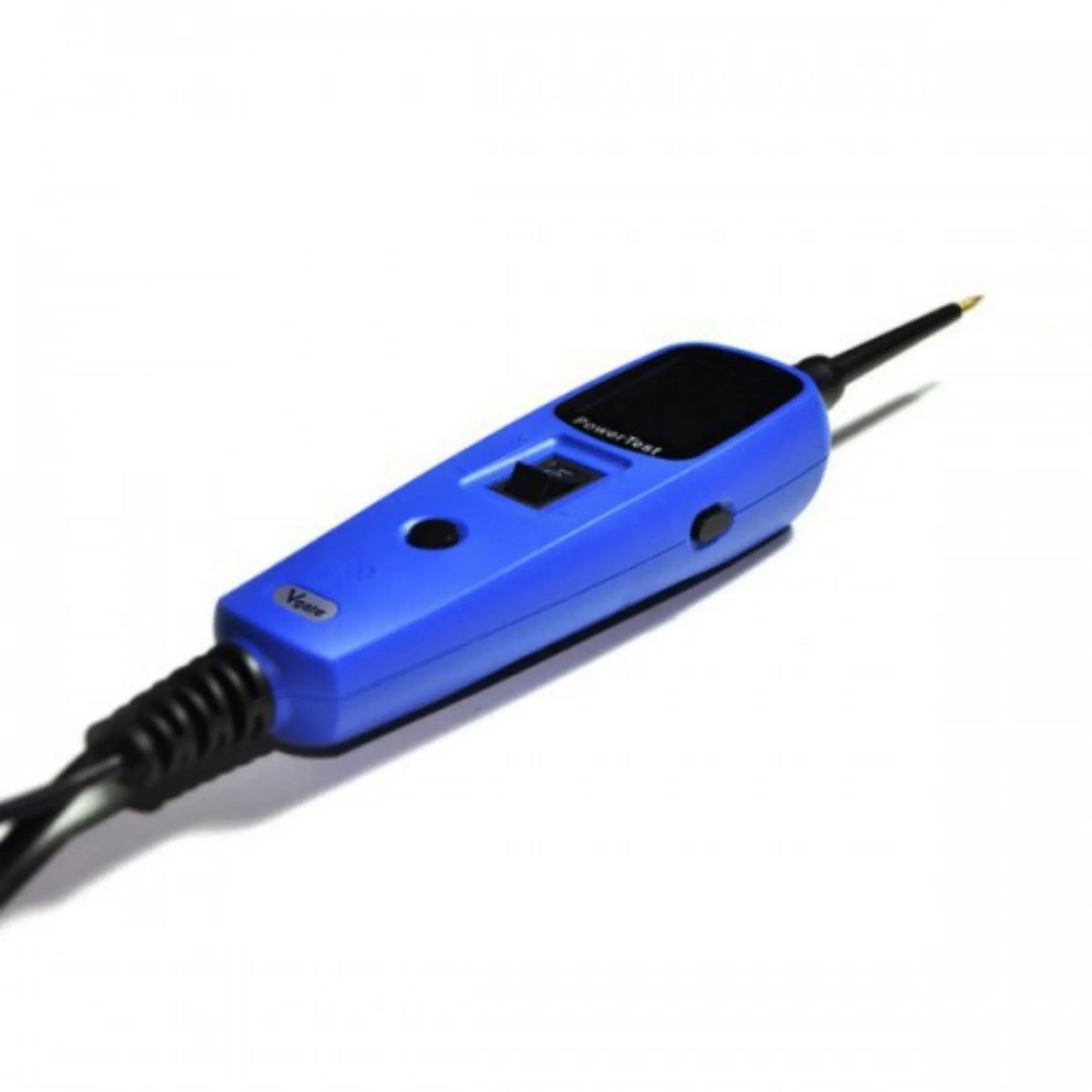 Blue automotive power circuit test pen with colour display, extension cable, and accessories in a blow moulded case.