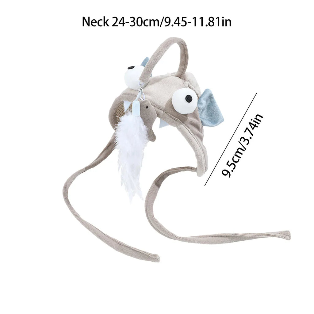 Grey headband cat toy with big-eyed fish teaser on adjustable 24-30cm band for hands-free feline play