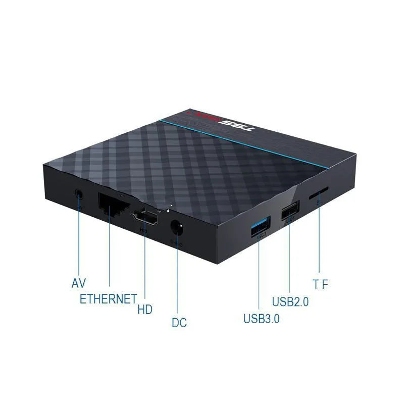 Black T95 Max Plus Android TV Box with remote control, showing ports for HDMI and power.