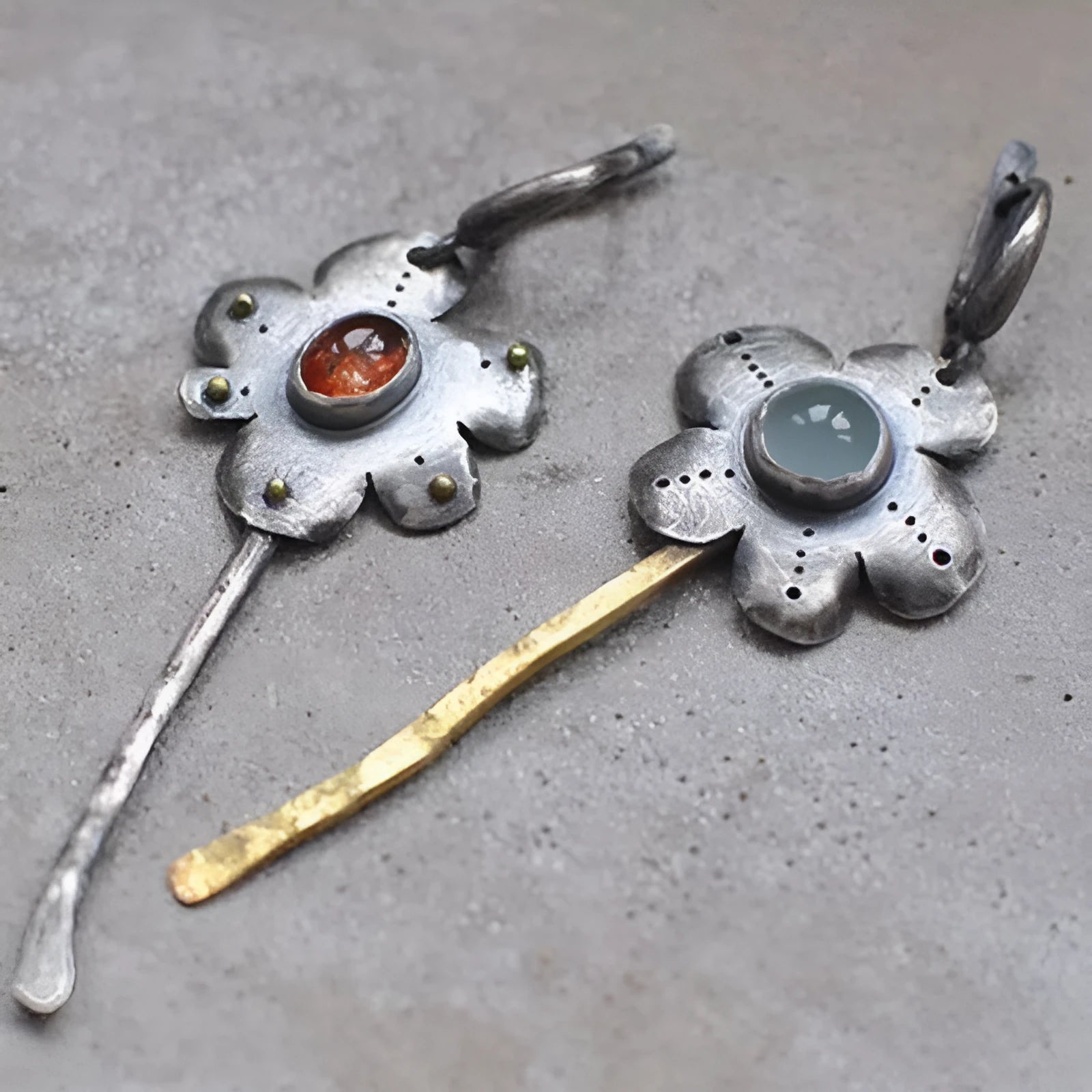 Long geometric flower earrings with two-tone asymmetrical colour on alloy metal.
