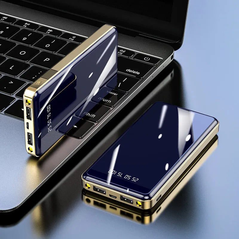 Mirror digital display power bank showing battery percentage, in black, blue, green, grey, or red.