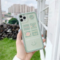 Green TPU phone case with geometric smiley face and polka dot pattern for multiple iPhone models.