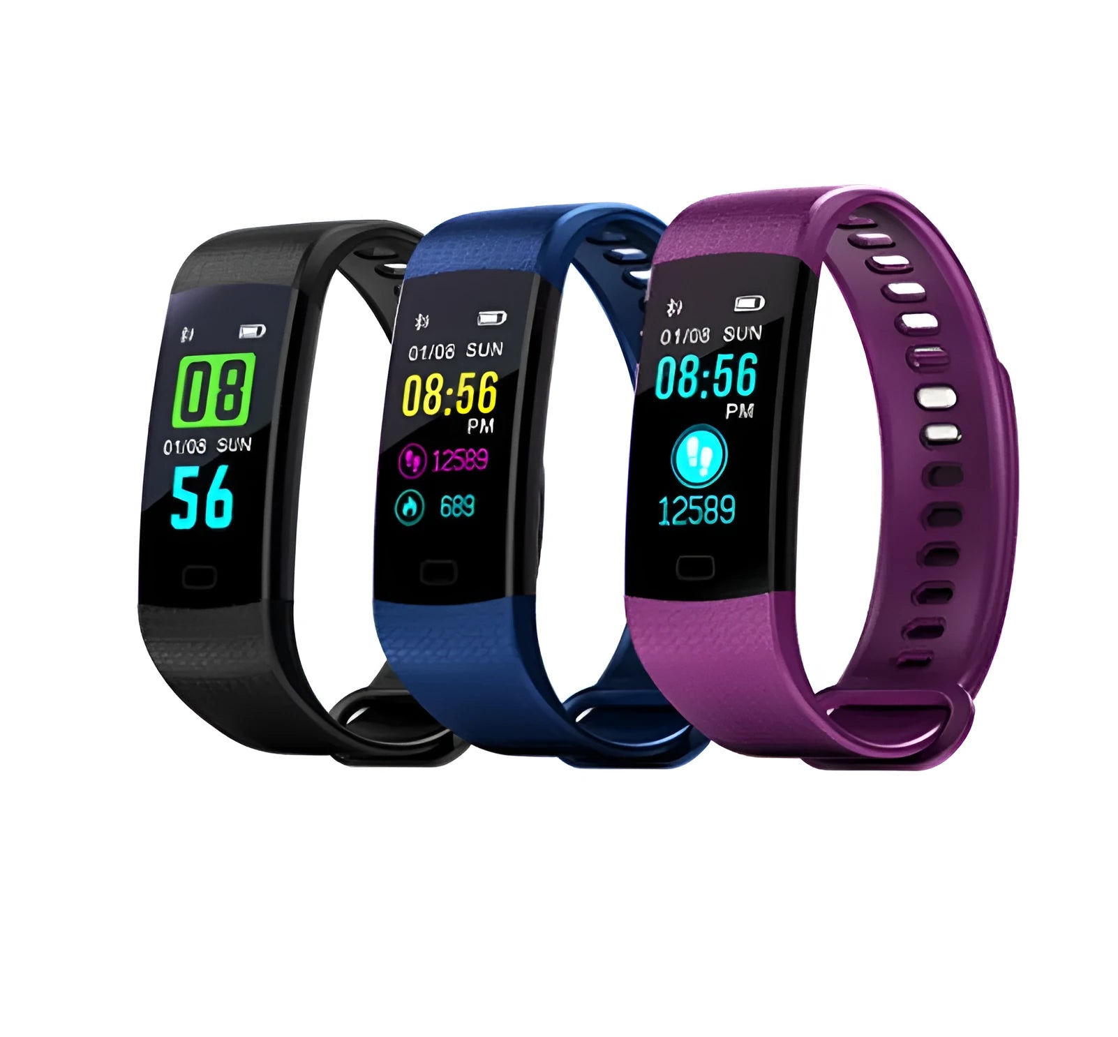 Smart band fitness tracker with heart rate monitor, 0.96 inch TFT colour screen, IP67 waterproof, adjustable strap, five colours