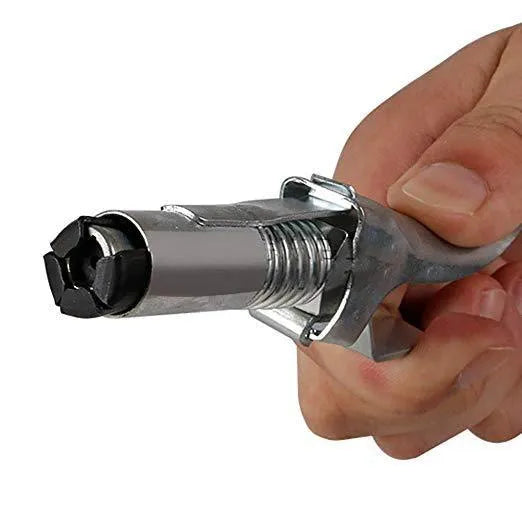 Silver locking grease gun coupler with 10,000 psi rating and 1/8 NPT thread for SAE and metric Zerk fittings