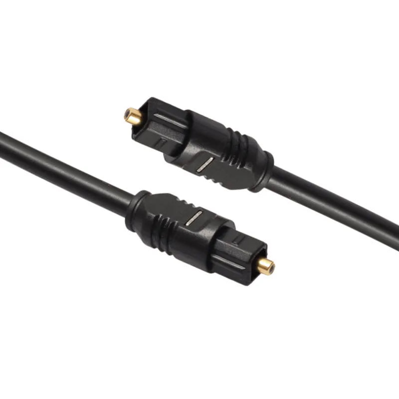 Black Toslink digital optical audio cable with square mouth connectors showing 2 metre length