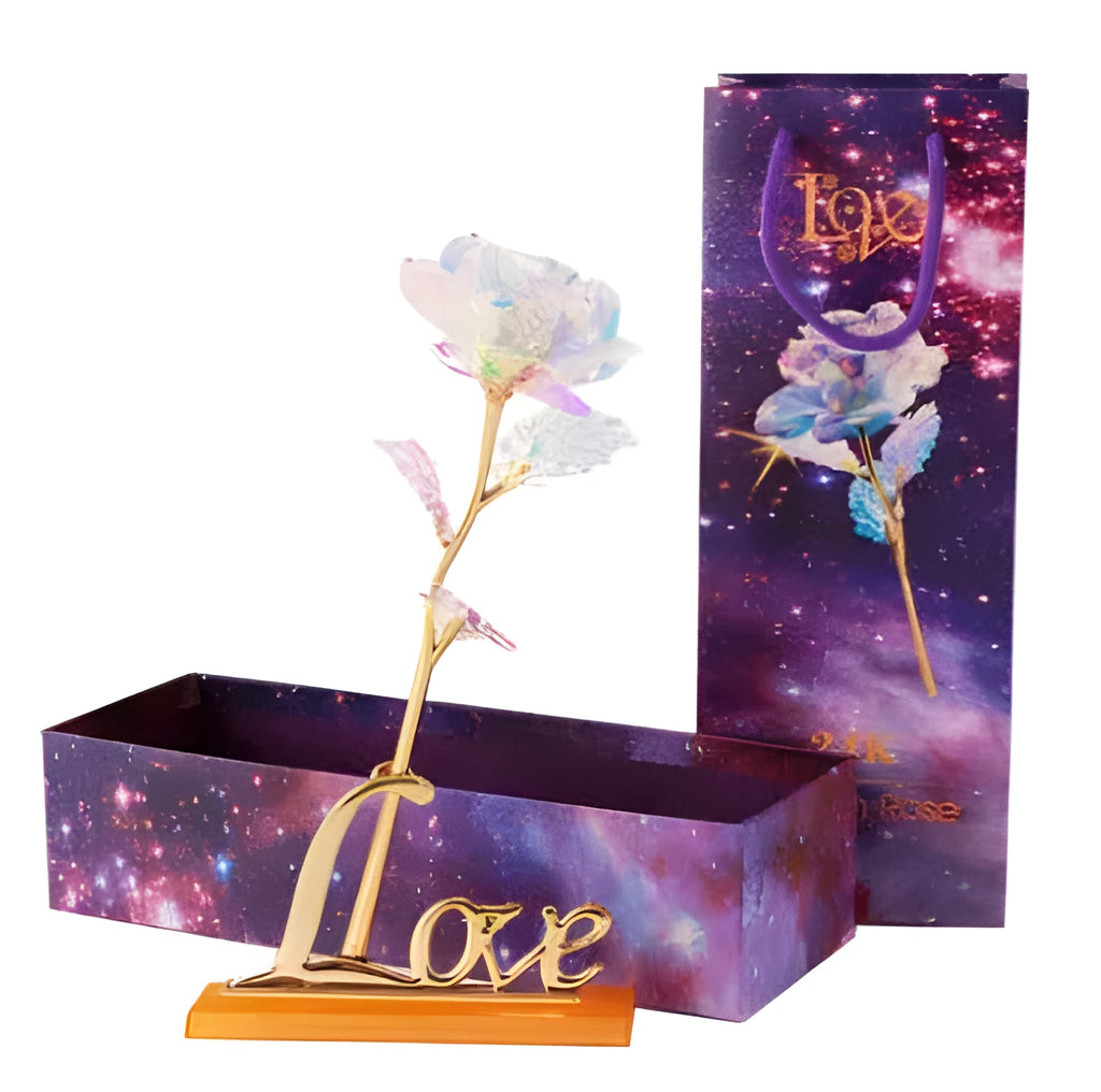 24K luminous gold rose flower set in gift box with tote bag, handmade plastic bouquet non-fade artificial roses
