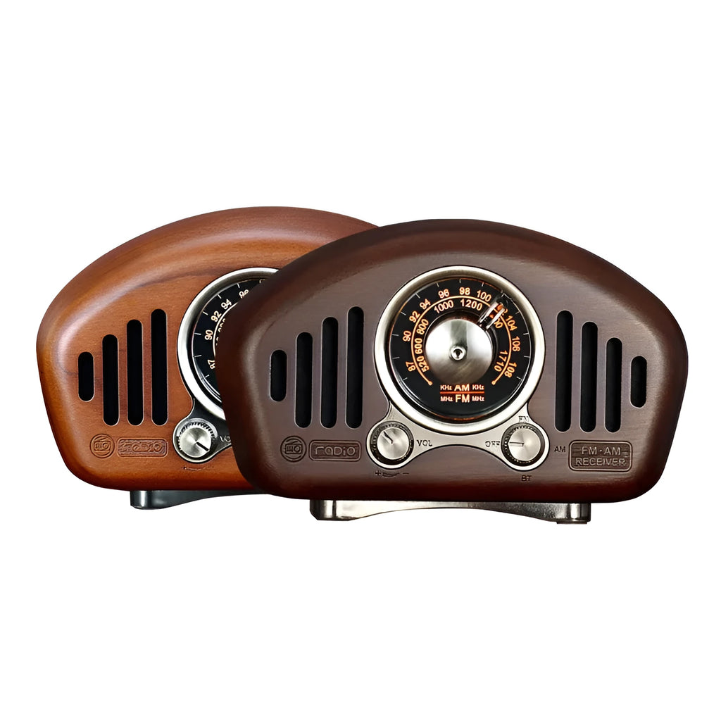 FMAM portable Bluetooth speaker in walnut finish with USB interface and control buttons