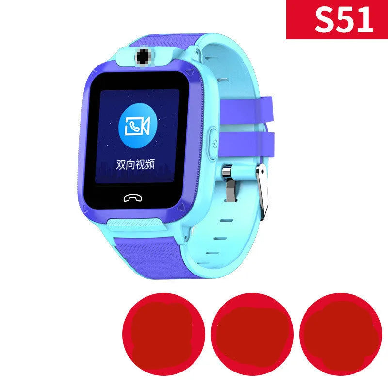 Blue children's smart watch with a silicone strap showing a video call screen and GPS location map.