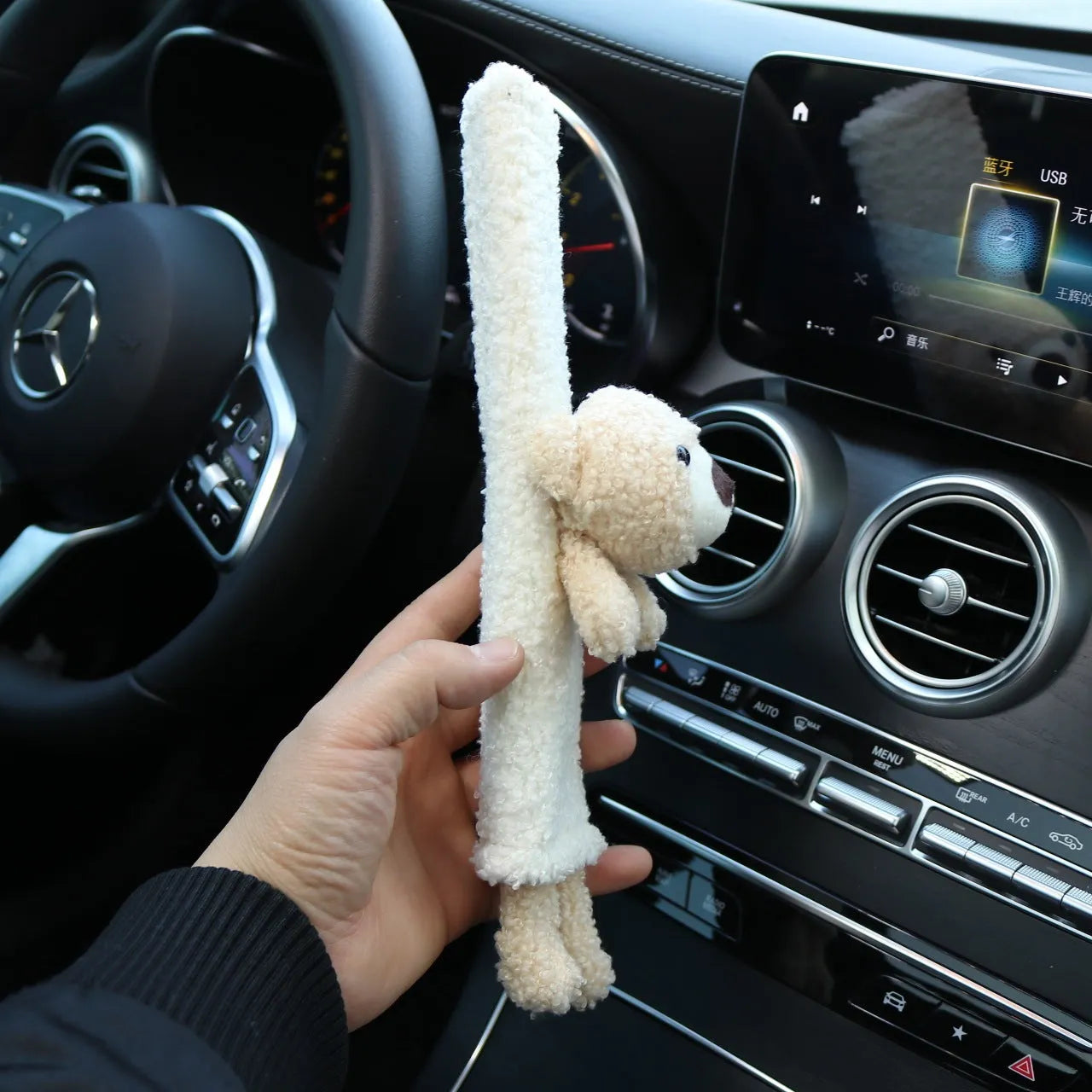 Cartoon plush car seatbelt shoulder protector in lamb wool with Bear and Rabbit designs.