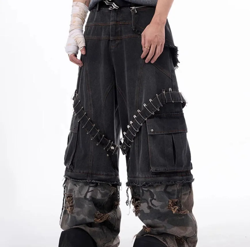 Men's grey camouflage pattern splicing jeans with pin detailing and ribbon accents on cotton denim