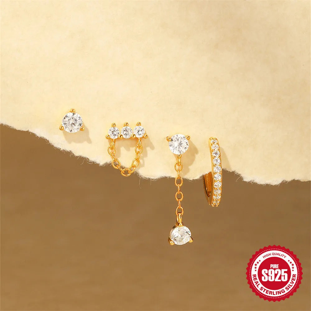 Geometric clover petal women's earrings in gold-tone electroplated S925 sterling silver on a white background.