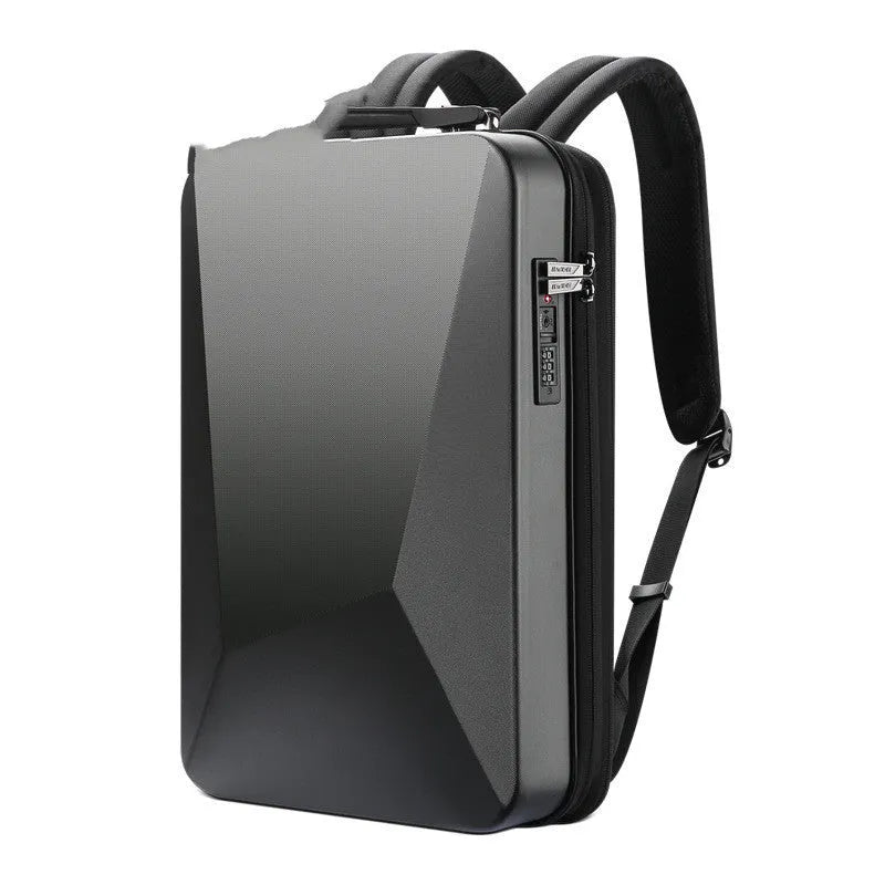 Men's hard shell PC gaming backpack in black or silver with lock, showing internal laptop and organiser pockets.