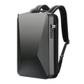 Men's hard shell PC gaming backpack in black or silver with lock, showing internal laptop and organiser pockets.