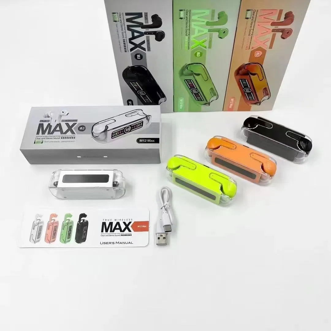 M12 MAX wireless Bluetooth in-ear headset with digital display, shown in black, white, orange red and green