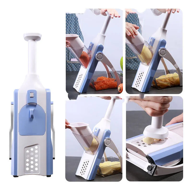 White and blue multifunctional vegetable slicer with stainless steel blades for slicing and dicing