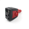 Black and red 150W car power inverter converting 12V DC to 110V AC with USB port