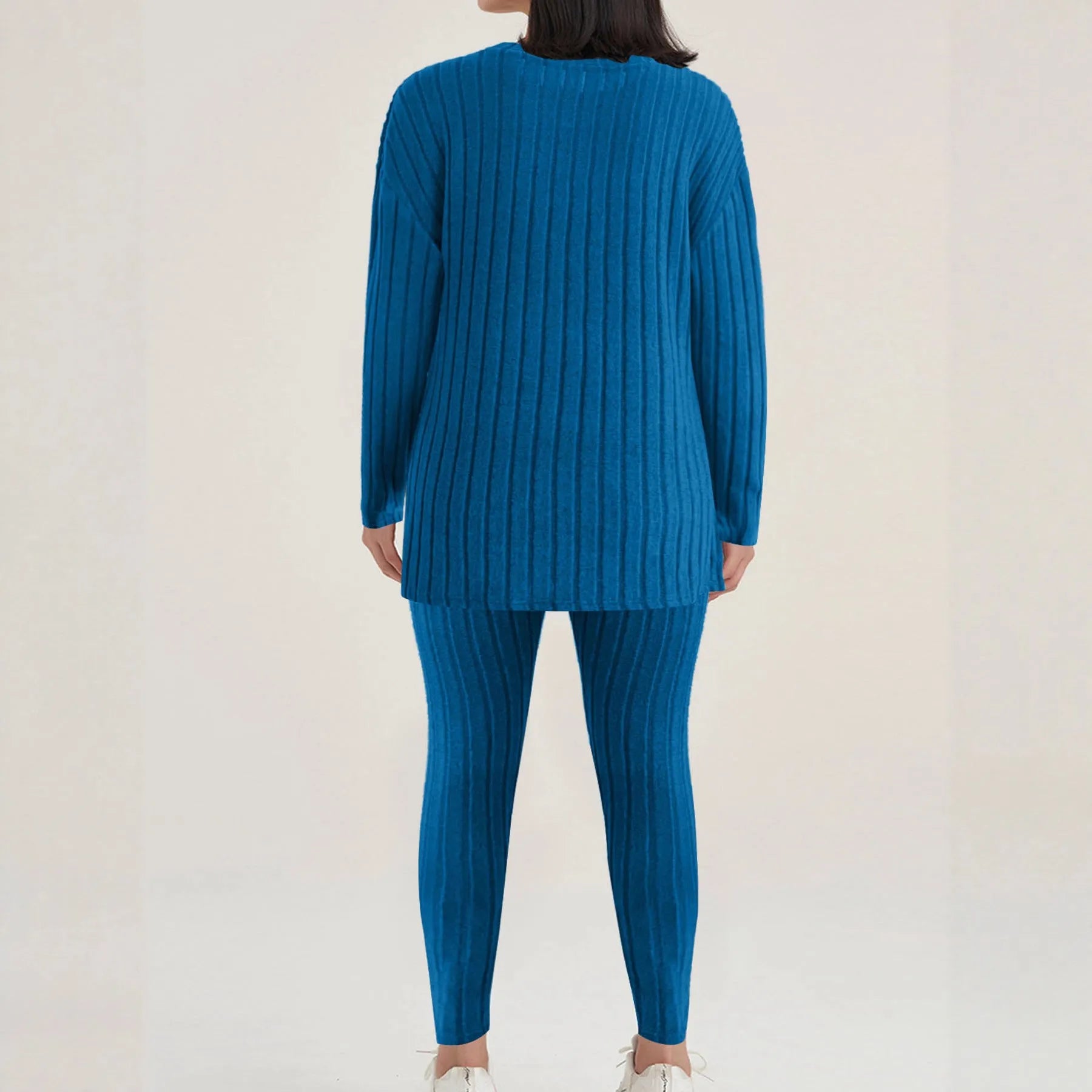 Black sunken stripe two-piece polyester homewear set with regular sleeves, showing top and pants.