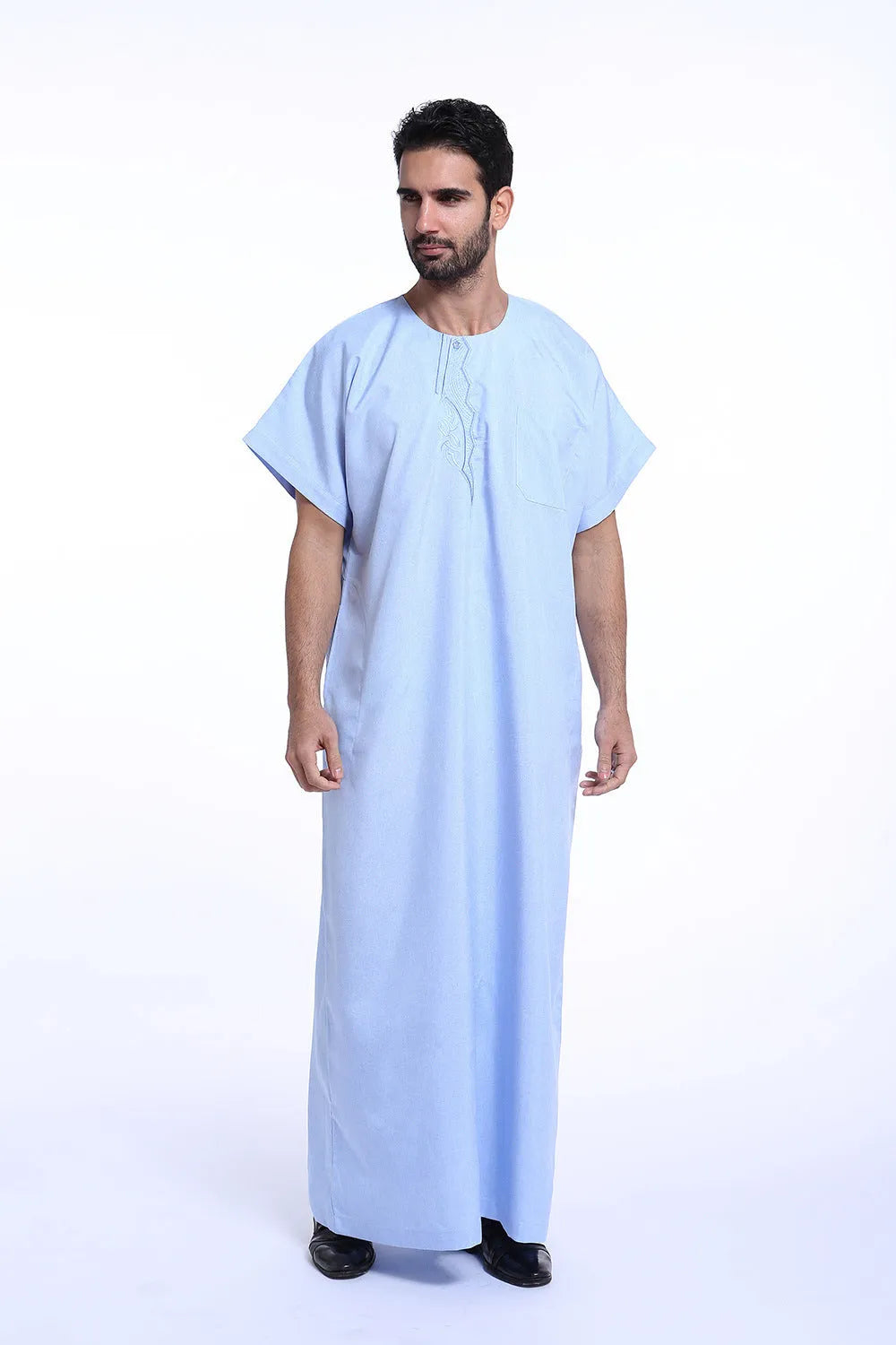 Muslim Arab Middle Eastern men's robe with embroidery in white hemp blended ramie fabric
