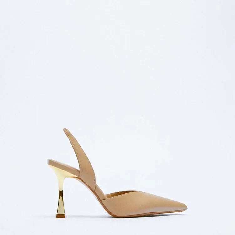 Women's nude and black patent leather pointed high heels with a shallow mouth design