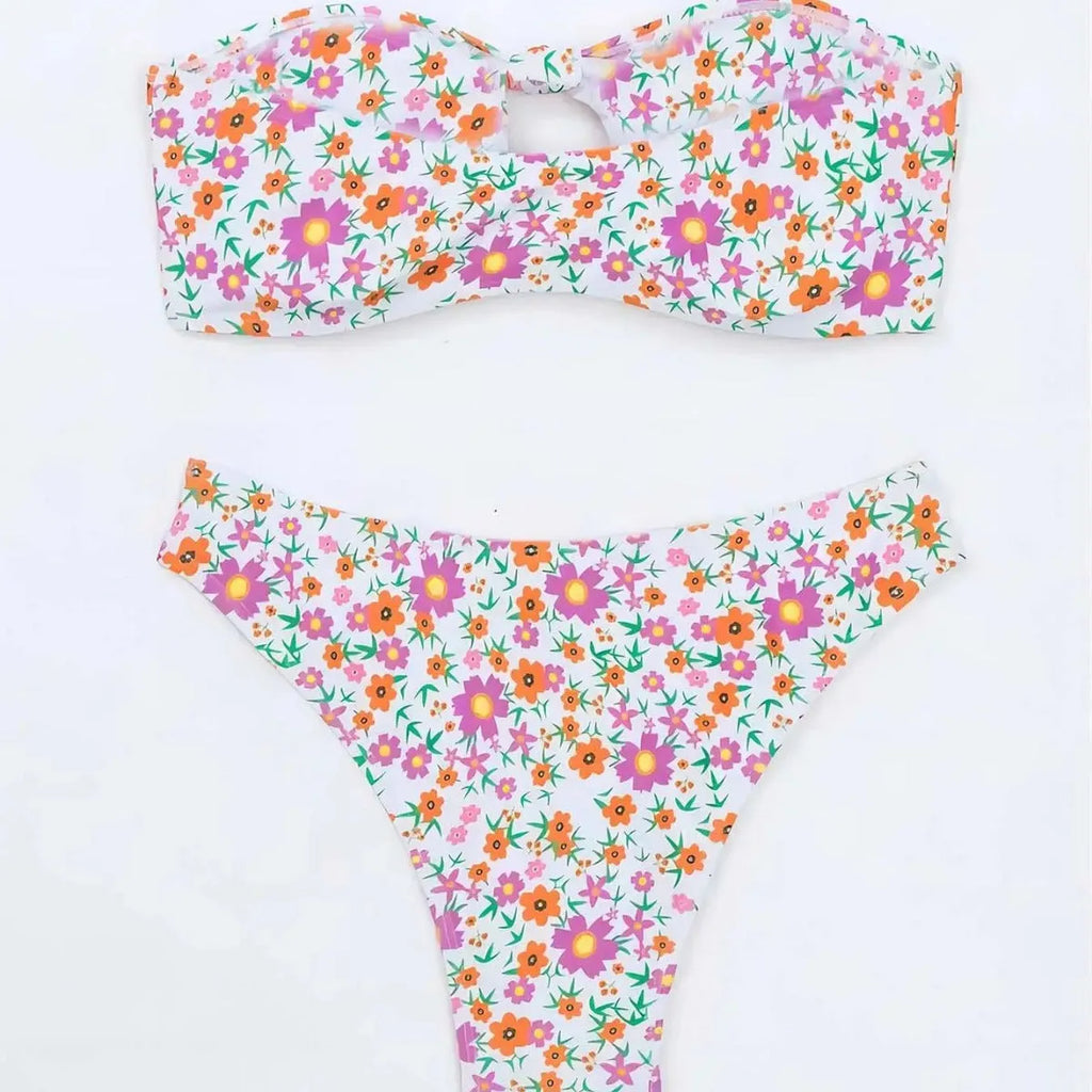New flower swimwear women bikini set split bandeau top bottom polyester floral print blue flowers size S M L