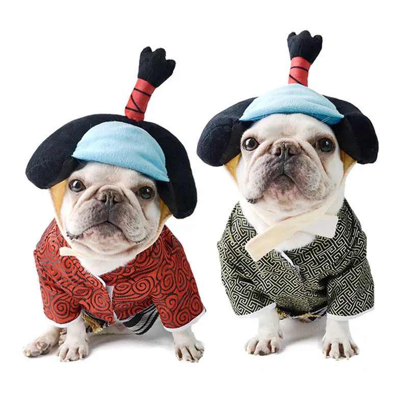 Japanese kimono dog warrior costume in black polyester on a dog, with red colour option also available in sizes S to XL