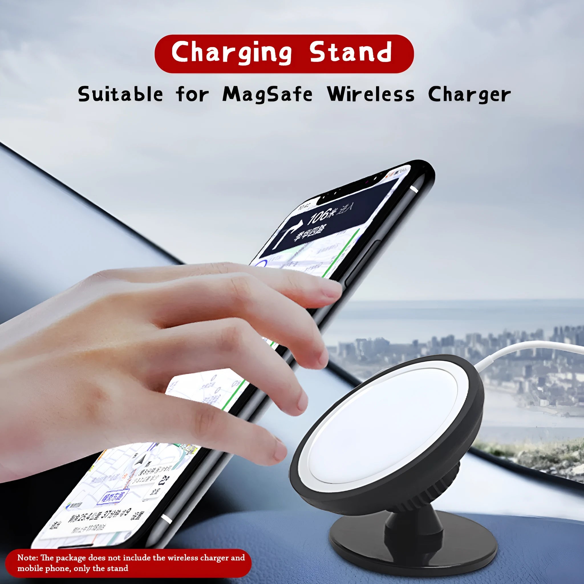 Black plastic magnetic car phone holder with snap-in mount for air vent or dashboard installation