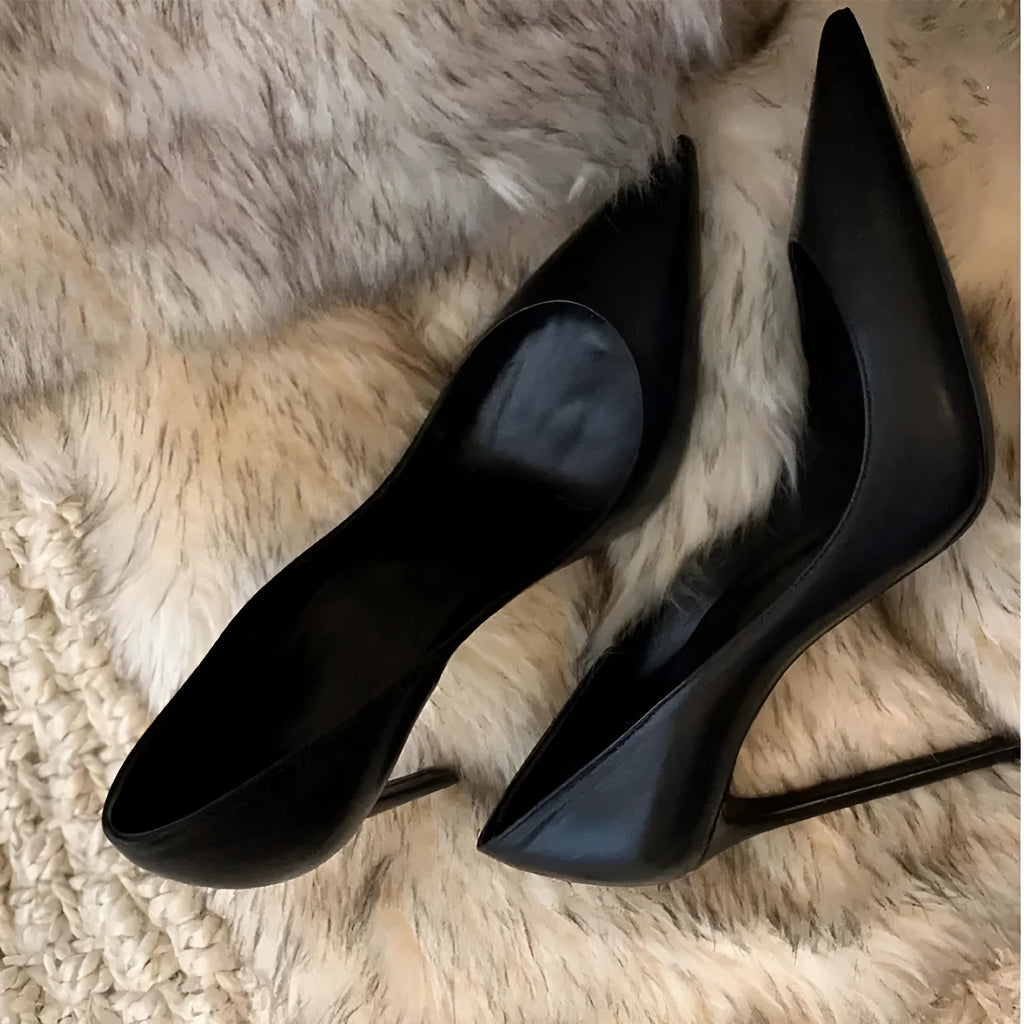 Women's black PU pump shoe with stiletto heel upgrade reinforcement version on a light background