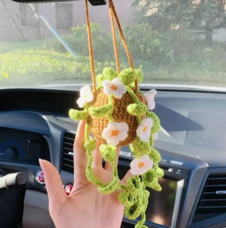Green and white knitted car plant ornament with 8cm basin base and hanging rope for vehicle interiors