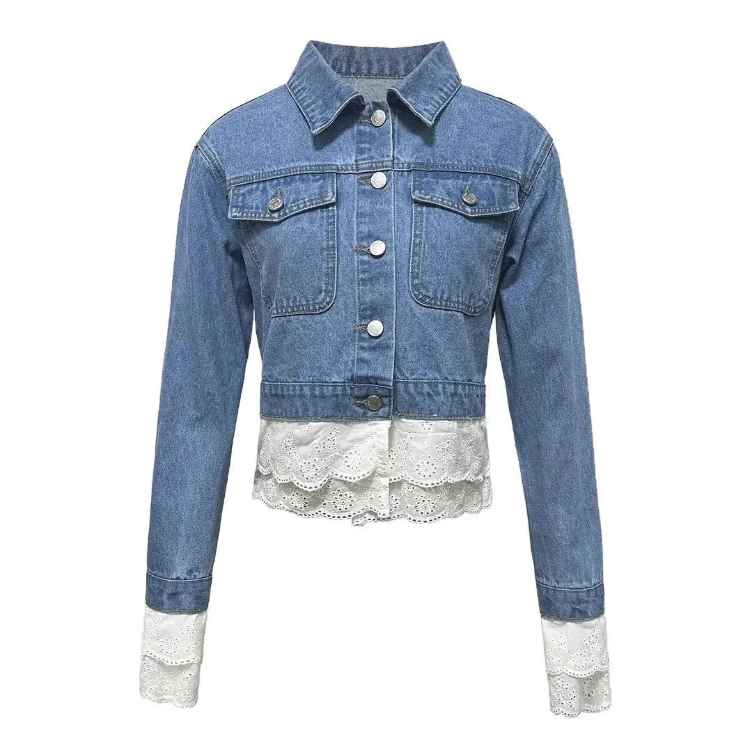 Blue women's denim jacket with white lace stitching detail on the front and sleeves.