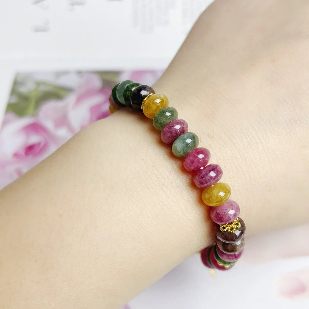 Colourful tourmaline abacus beads jade bracelet for women with artificial crystal beads on elastic cord