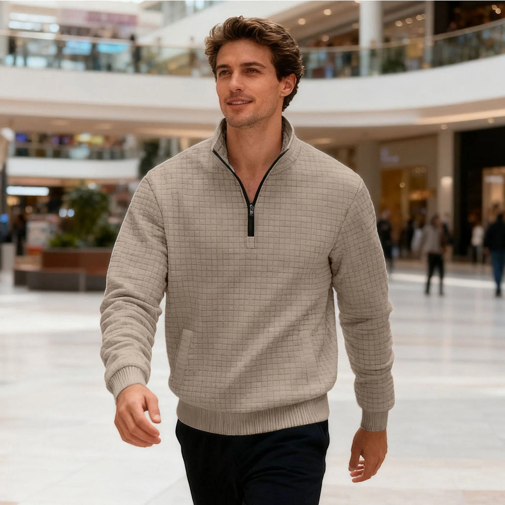 Men's stand-up collar long sleeve jacquard check sweatshirt in light gray, front view