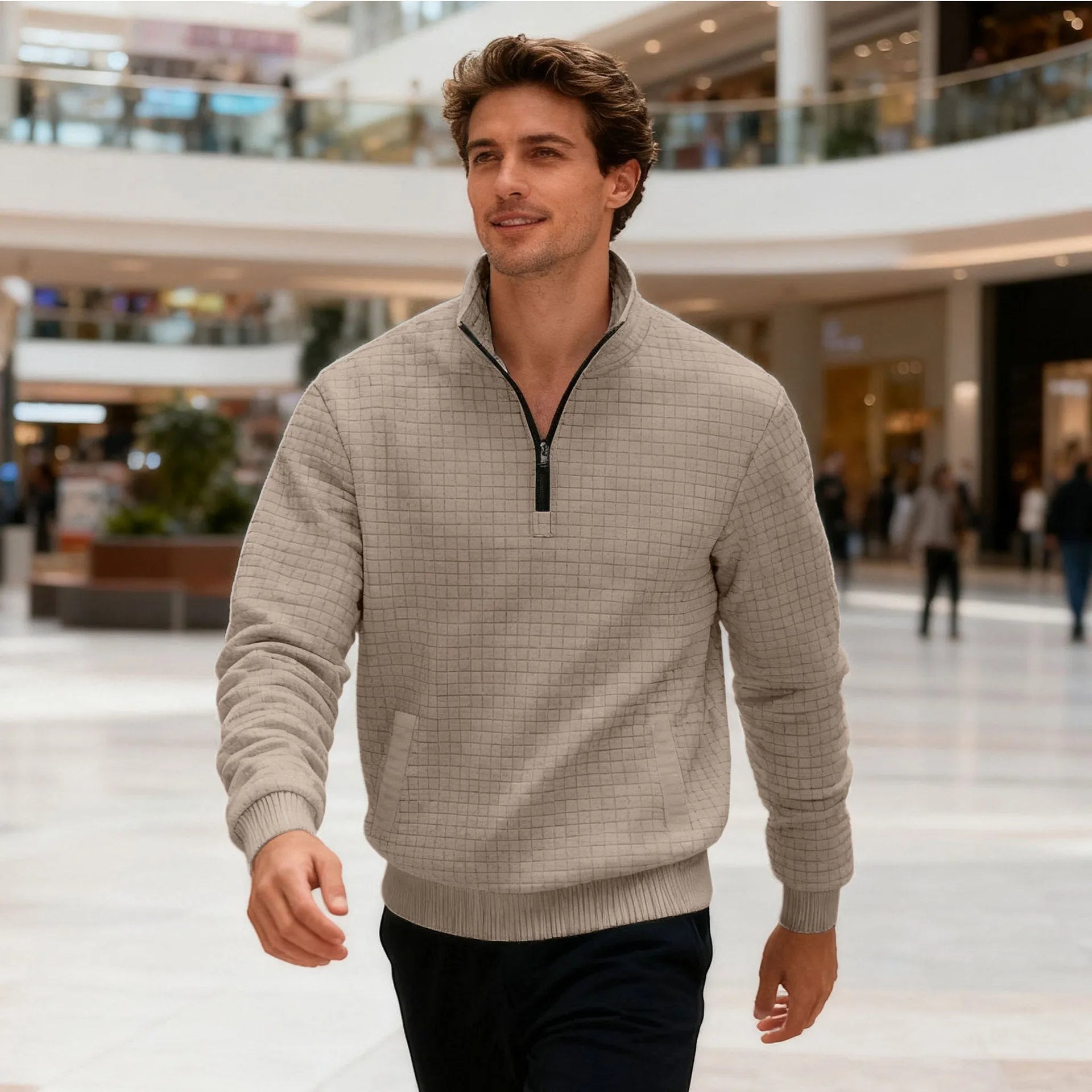 Men's stand-up collar long sleeve jacquard check sweatshirt in light gray, front view