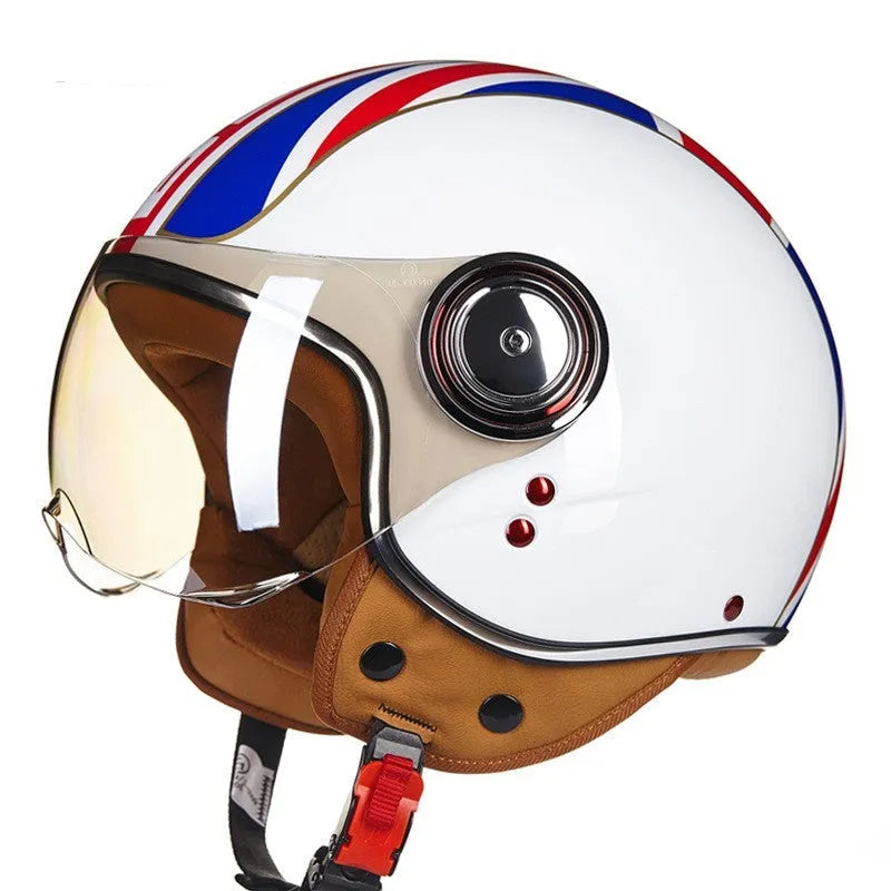 Retro-style half helmet for battery cars in bright blue and red colour combination showing ABS construction