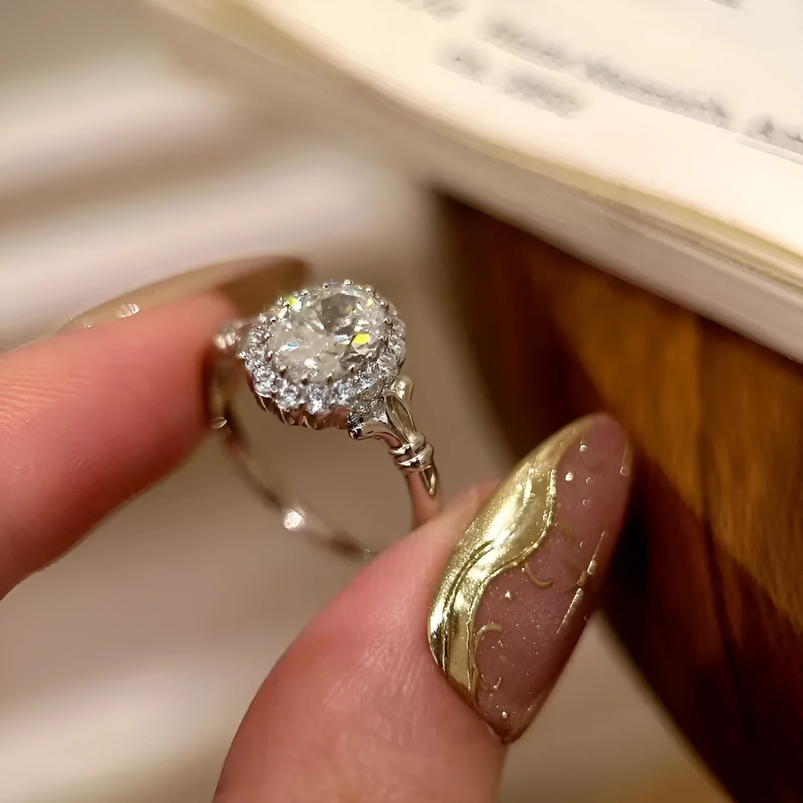 Silver geometric women's ring with big diamond bridal bouquet design and adjustable opening.