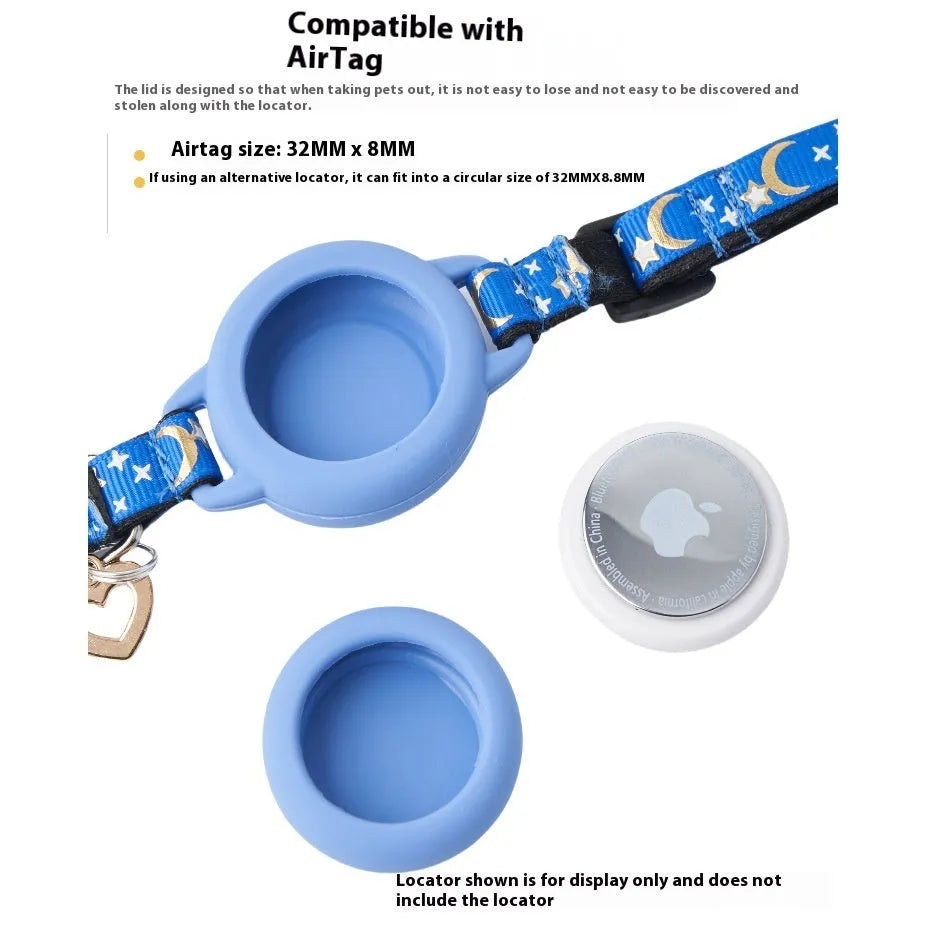 Adjustable plastic cat collar with integrated Apple AirTag protective case in pink colour.