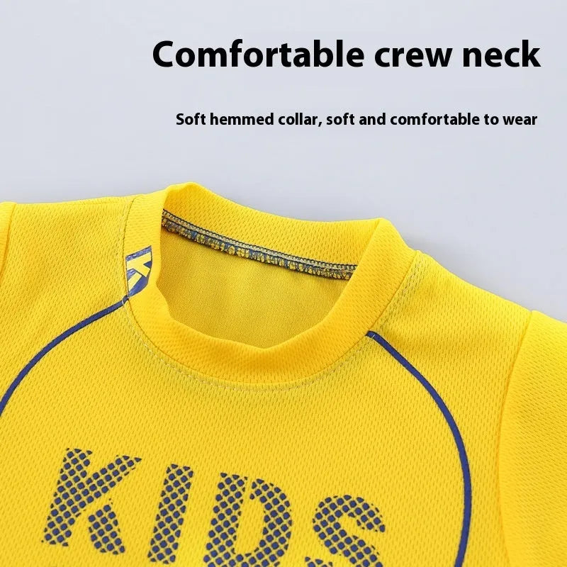 Children short-sleeved sportswear set with letter print, polyester blend, available in multiple colours for boys and girls