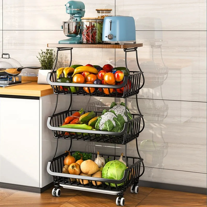 Black six layer kitchen storage trolley with foldable carbon steel frame