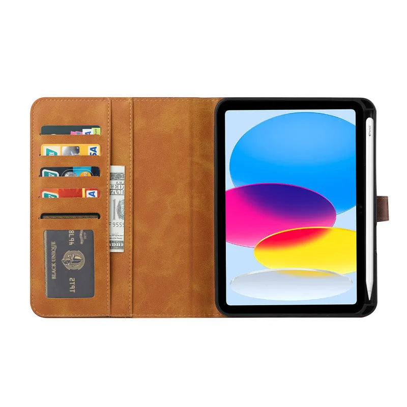 Apple iPad kneading leather flip protective cover in black showing shockproof and heat dissipation features