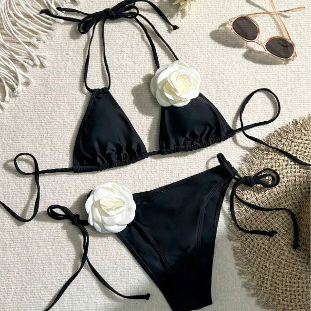Black 3D flower pattern bikini swimsuit with drawstring waist and backless design