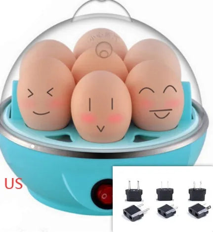 Blue electric egg steamer with transparent lid and egg tray on countertop