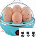 Blue electric egg steamer with transparent lid and egg tray on countertop